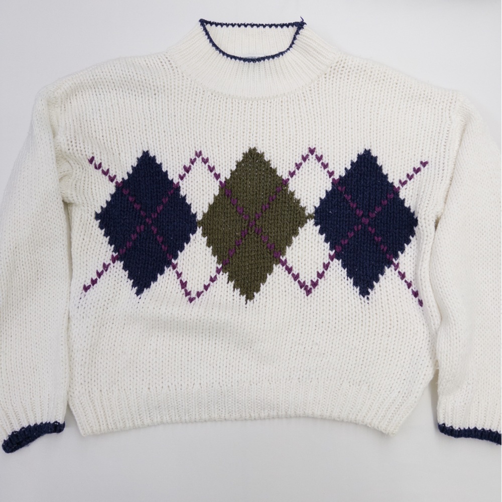 Vintage Currants Hand Knit Argyle Sweater Cream Green Navy Purple Size M EUC